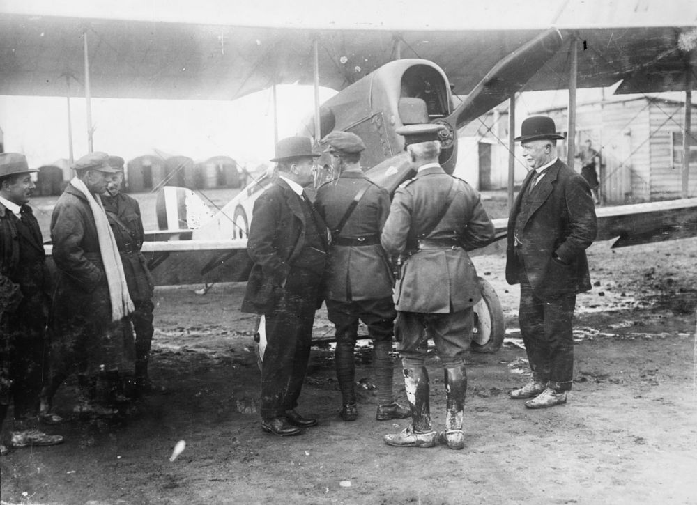 Prime Minister William Massey and his Deputy Prime Minister Sir Joseph Ward inspecting a plane. Somme, October 1916.